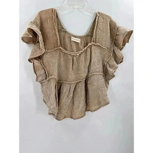 SHOEFLY the Shoulder Crop Top Size Small Beige Ruffle Shoulders And Hem